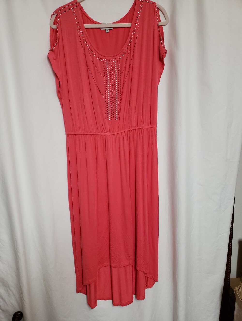 Coral Cold-Shoulder High-Low Maxi Dress with Stud Accents